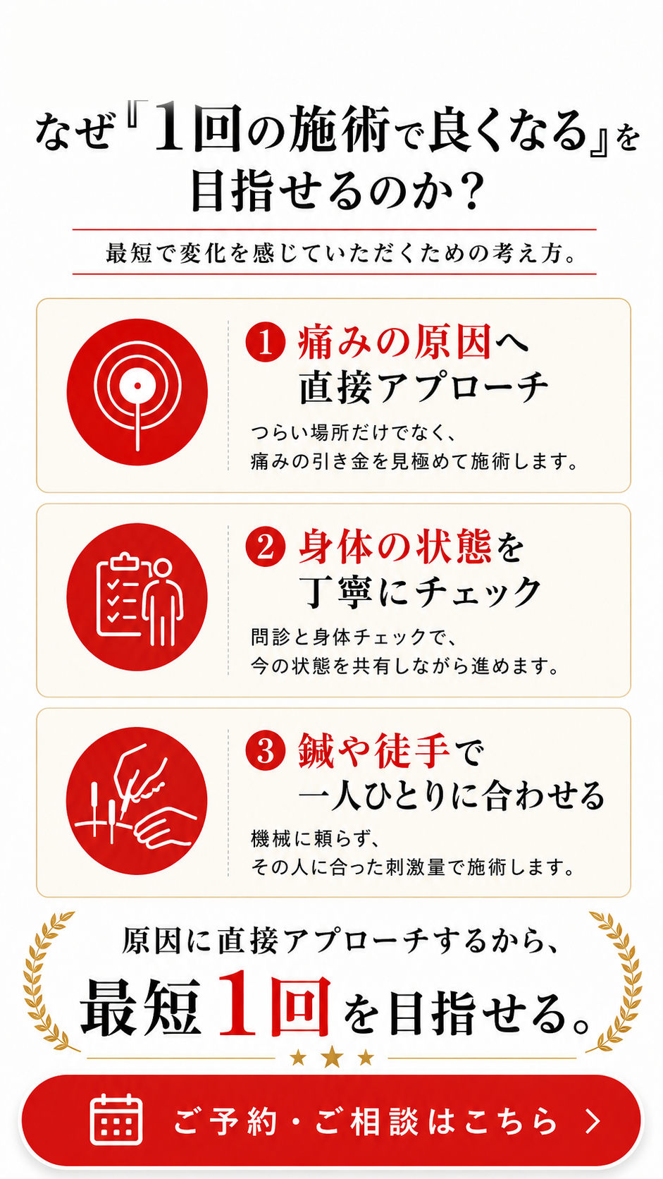痛みの原因へ直接アプローチし、身体の状態を丁寧にチェックし、鍼や徒手で一人ひとりに合わせます。