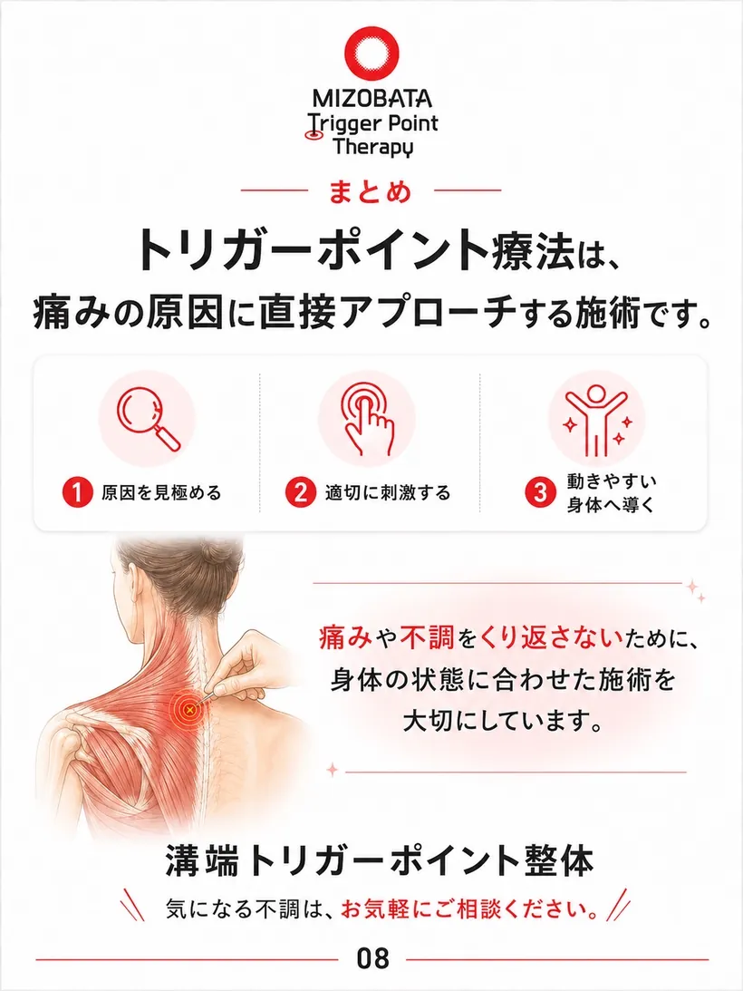 まとめ — 痛みの原因に直接アプローチする施術